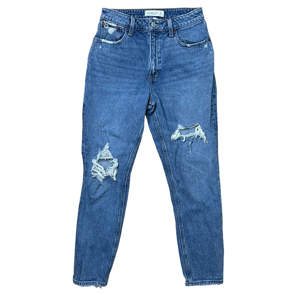 ✨ Abercrombie Curve Love High Rise Distressed Mom Jeans 27 Medium Wash
